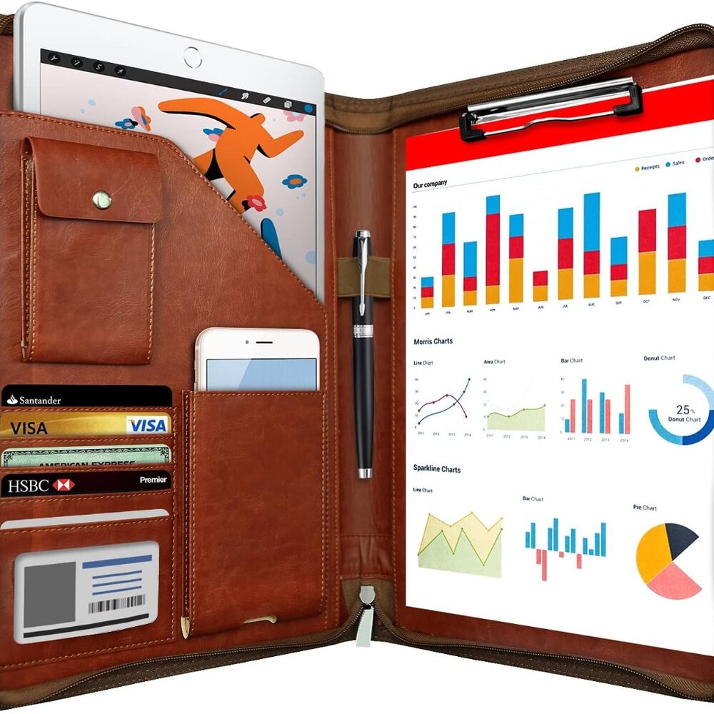 Zippered Padfolio Organizer, WRIYES Leather Planner Binder, 10.2 Inch Portfolio